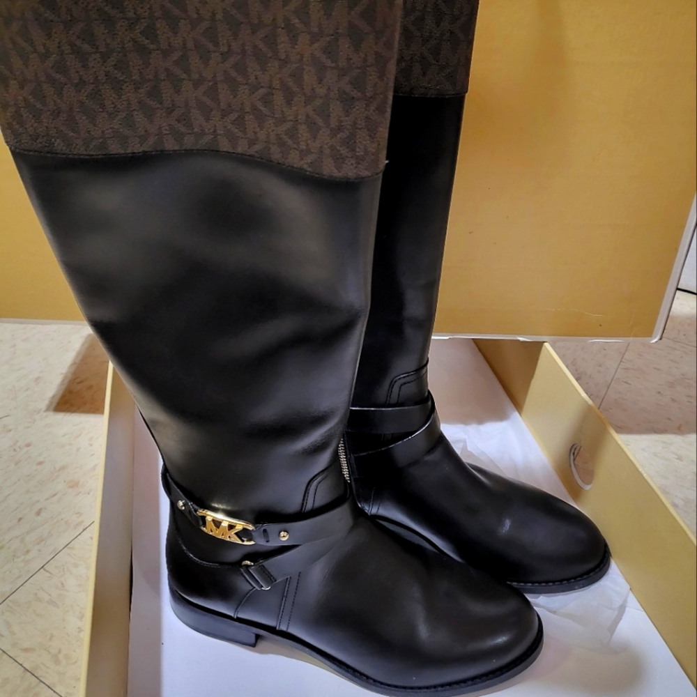 Michael Kors Kincaid Leather and Logo Rid Boots Black/Brown